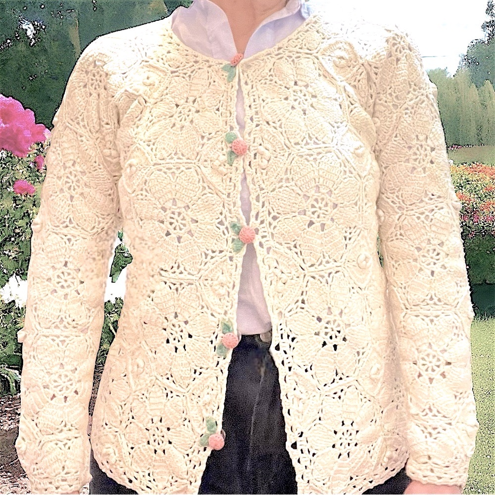 Eagles Eye Silk & Cotton Handknit Cottagecore Cardigan Sweater Vintage Y2K Med